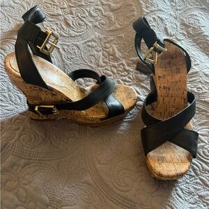 Jessica Simpson Black Cork Platform Wedge Sandals with Gold Buckles